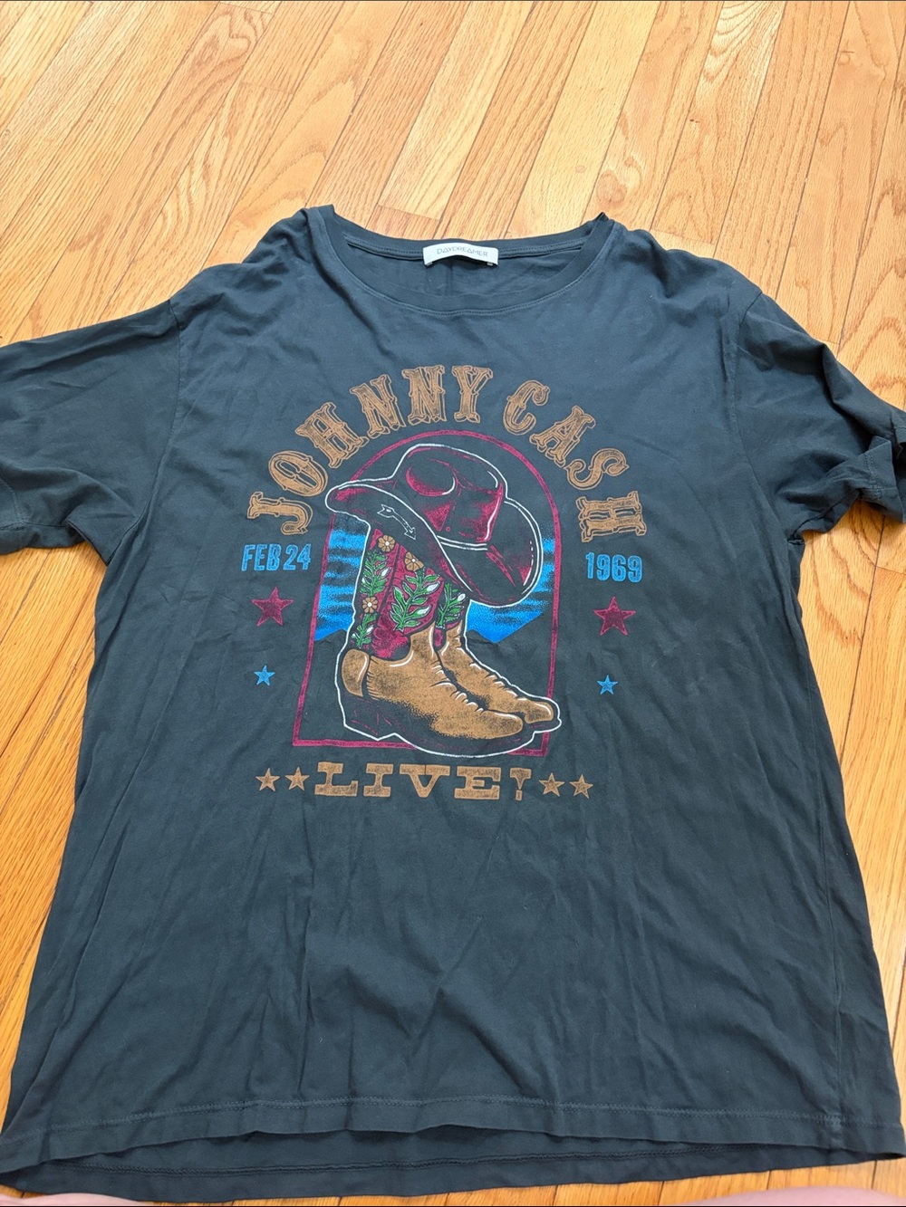Daydreamer Black Johnny Cash Graphic Tee with Brown Boots